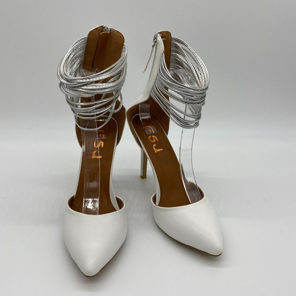 FSJ White Pointy Toe Ankle Strap Stilettos Heels